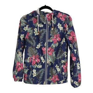 Bench floral navy windbreaker hooded full zip jacket size L (fits  like small)
